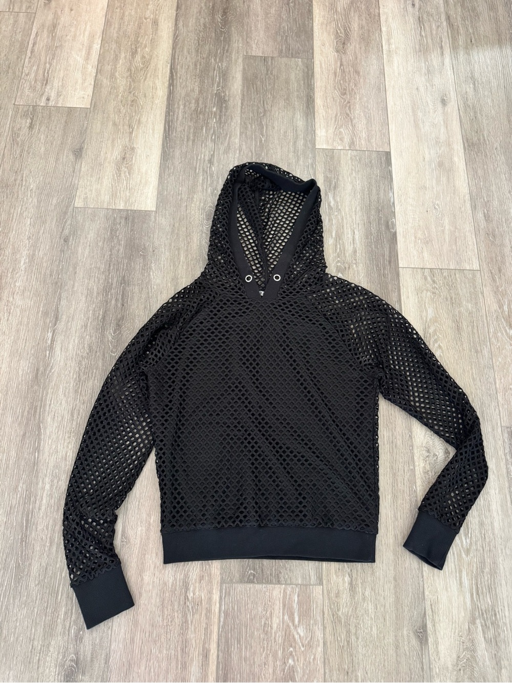 Forever 21 Black Open-Knit Hooded Crewneck Sweater